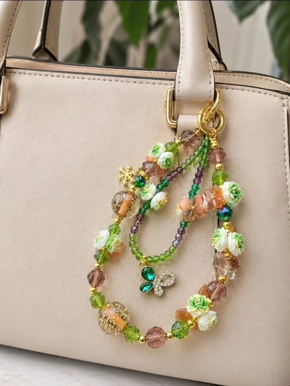 🌷🌿 Garden Butterfly Handcrafted Phone Charm Beaded with Flower Accents_Green